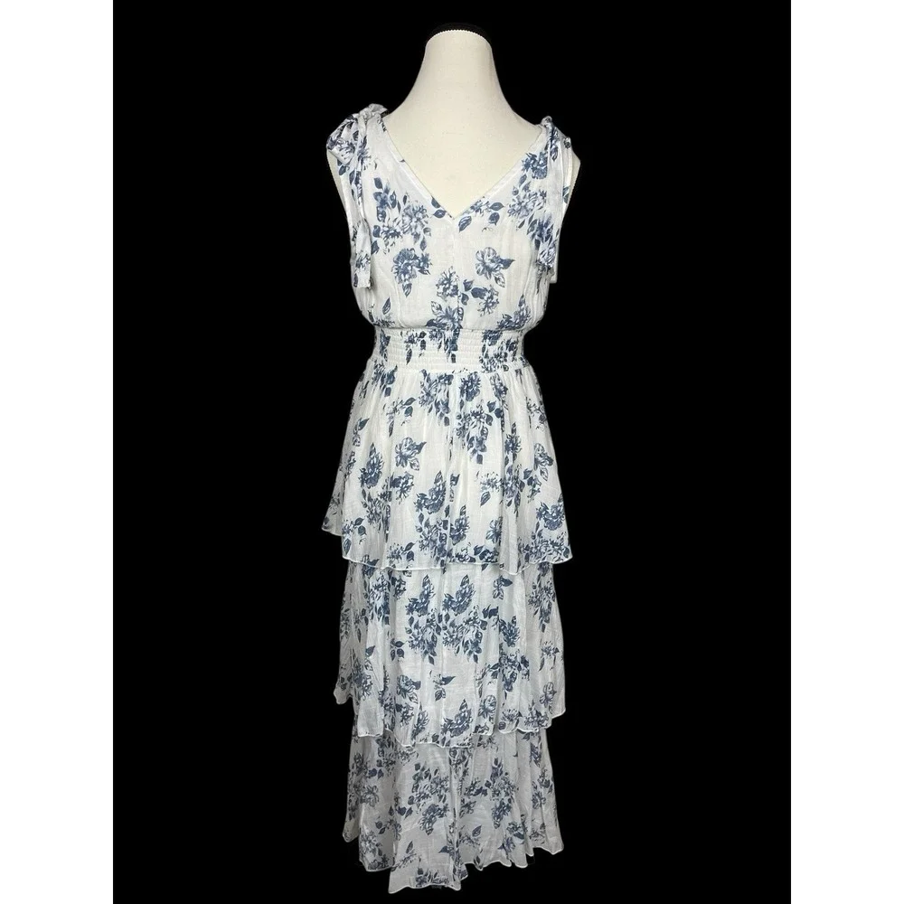 J GEE  Blue & White Floral Tiered Maxi Dress Womens S Ruffles Cottage Fairy Boho